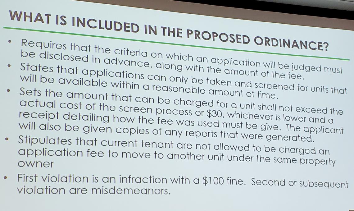 The proposed ordinance placing restrictions on rental applications in Boise will incorporate the text shown in a slide presented at Tuesday’s Boise City Council meeting.