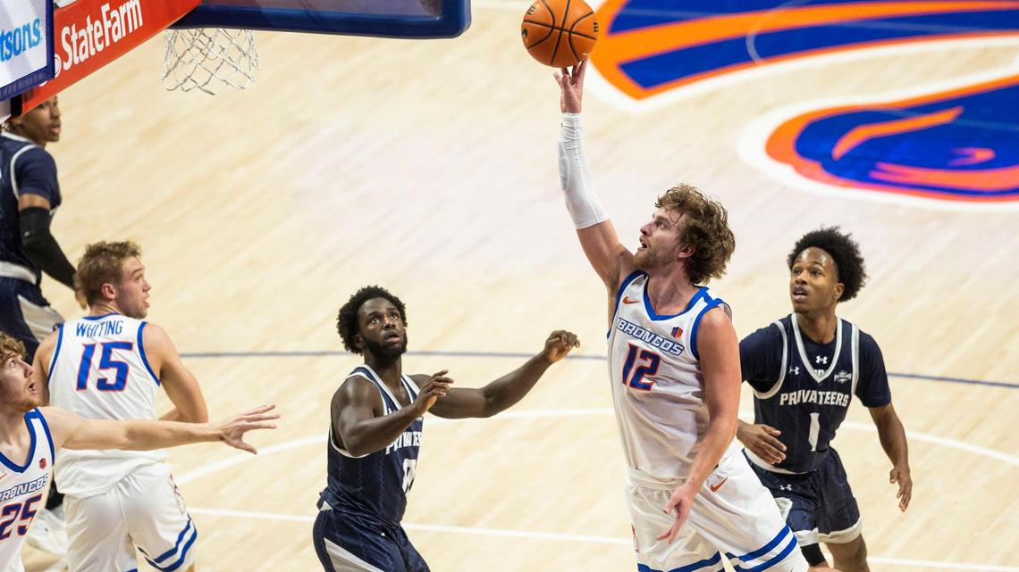 Boise State guard Max Rice scores on a one-hand floater against New Orleans on Dec. 13, 2022, at ExtraMile Arena in Boise.