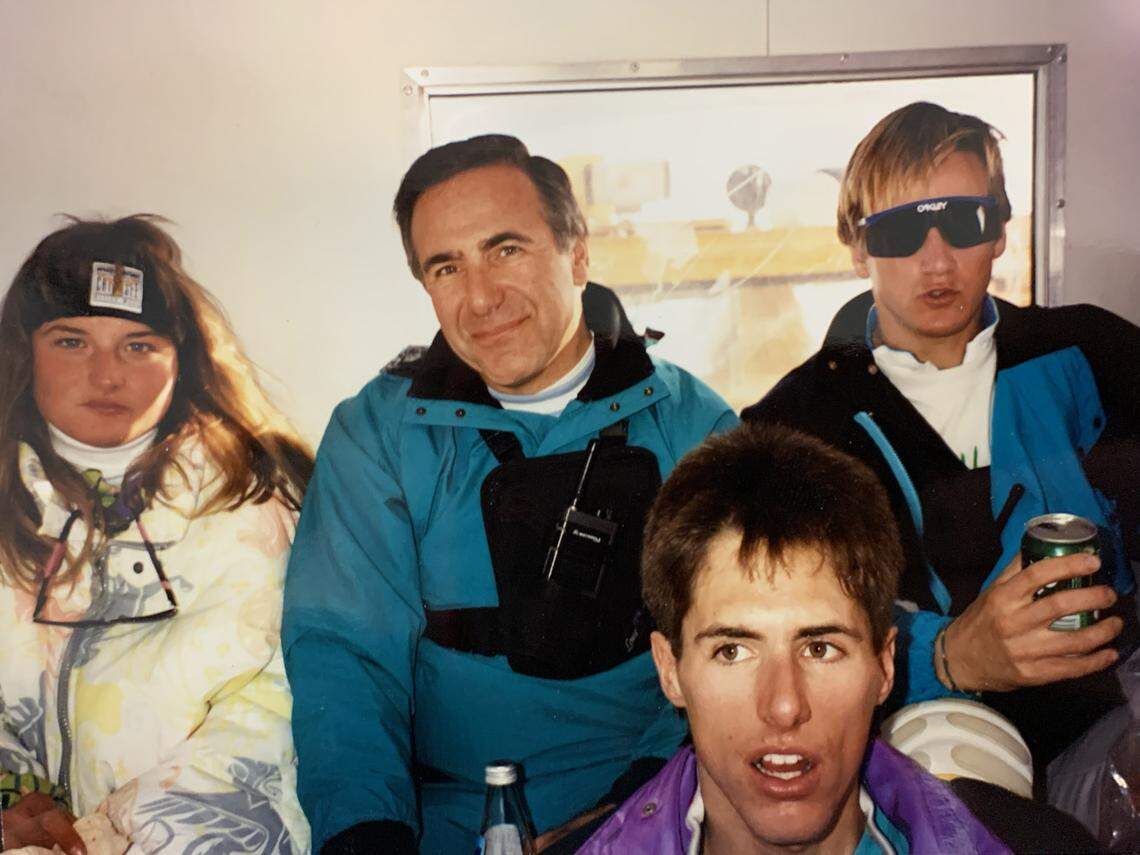 Paul Alden , center, is pictured during his stint at Burton from 1984-90 with Craig Kelly, considered the “Godfather of Freeriding,” on the far right; Eveline Schnorf-Wirth, one of the most influential women in snowboarding; and two-time snowboarding world champion Mark Heingartner, one of Burton’s first riders.