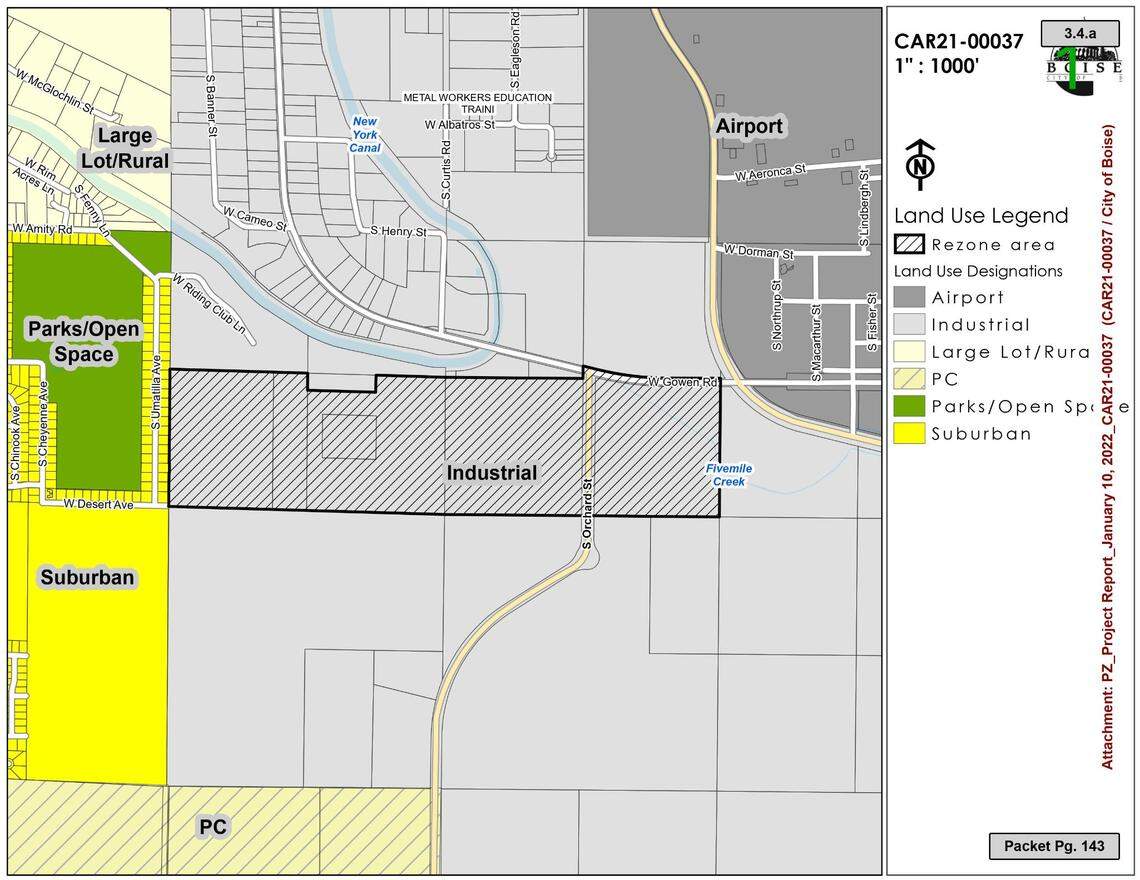 This shows Boise’s land use map, which guides future development. The 153 acres of land that’s proposed to be rezoned from open land to industrial is intended for industrial use (gray) based on this land use map. The land in the rezone rubs up against homeowners’ properties on the east side of South Umatilla Avenue (highlighted in yellow) in Southwest Boise. Neighbors are opposing the proposed rezoning.