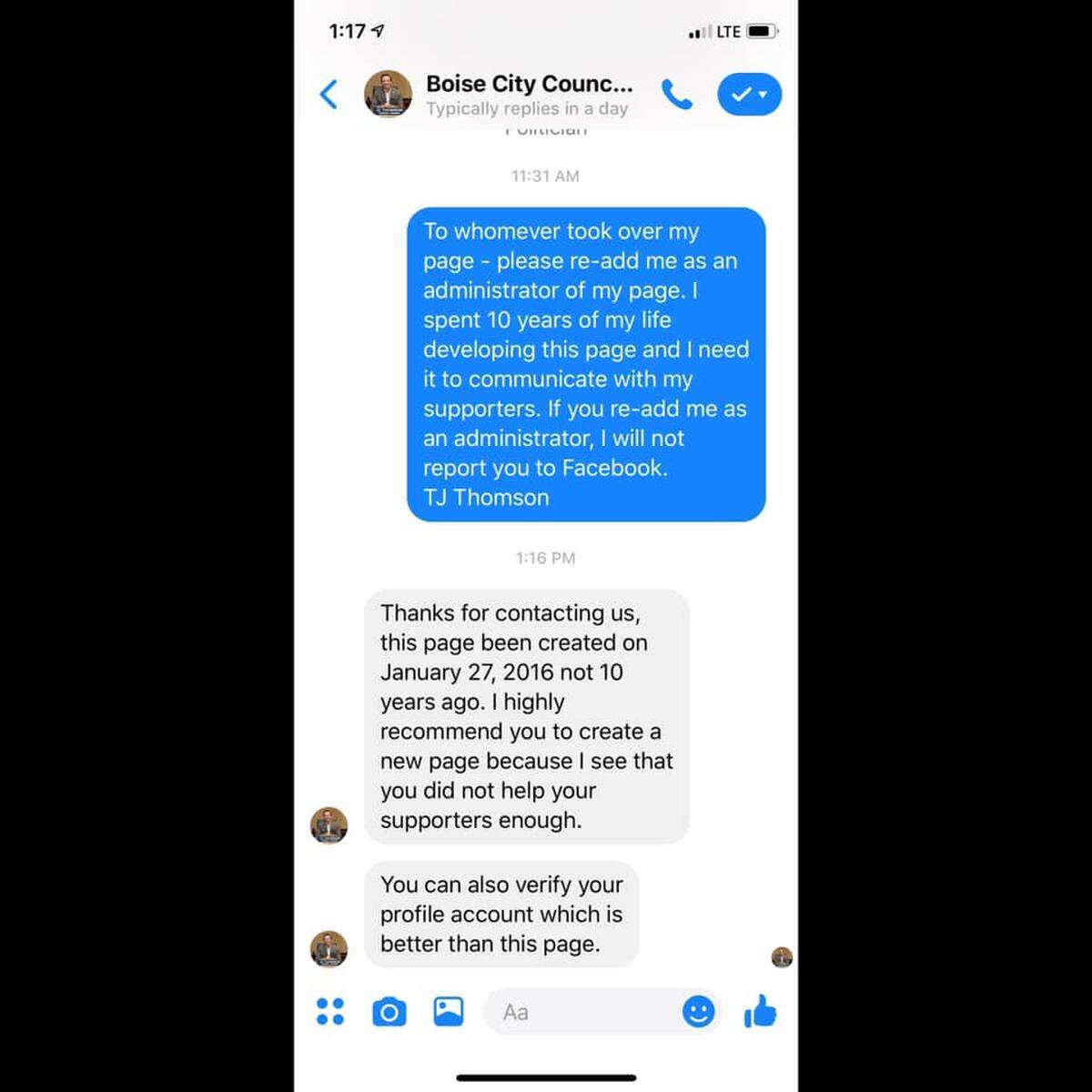 TJ Thomson messaged the page he lost control of, only to be met with a message saying he hadn’t helped his supporter enough.