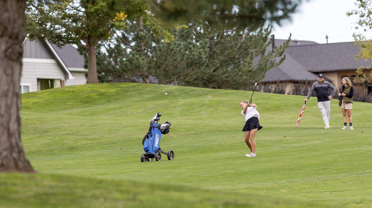 Emmett's Kennley Larson competes during the 5A District Three Golf Tournament held at TimberStone Golf Course in Caldwell, Wednesday, Oct. 1, 2025.
