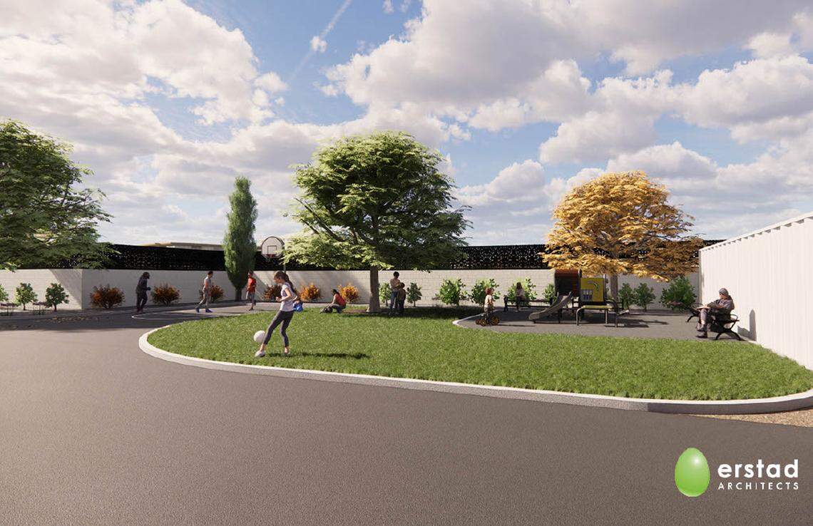 A play area and shade trees will be incorporated into Interfaith Sanctuary’s homeless shelter on State Street.