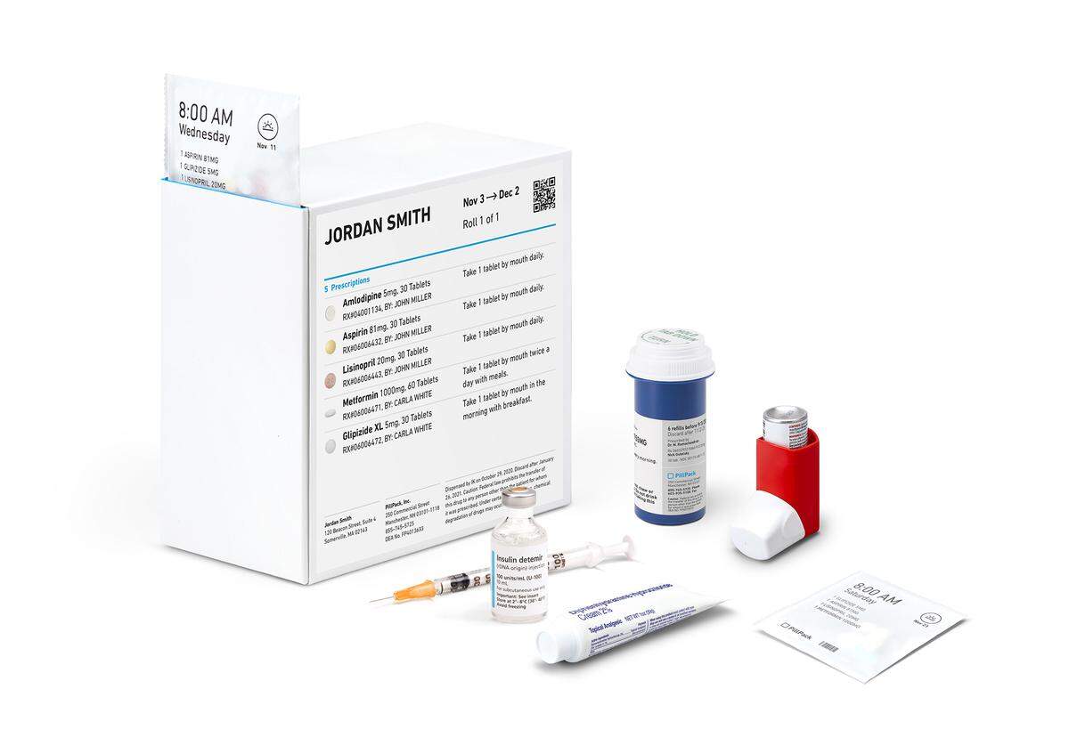 PillPack says it organizes and sorts medications and vitamins into small packets according to patients’ prescriptions, with the day and time to take them labeled, so patients don’t have to.