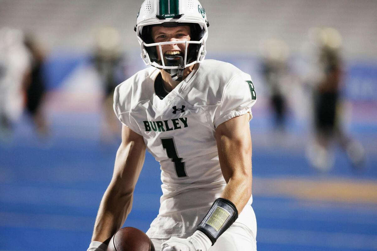 Burley wide receiver Gatlin Bair celebrates after scoring a long first-half touchdown against Vallivue during the Battle in Boise at Albertsons Stadium, Friday, Sept. 1, 2023.