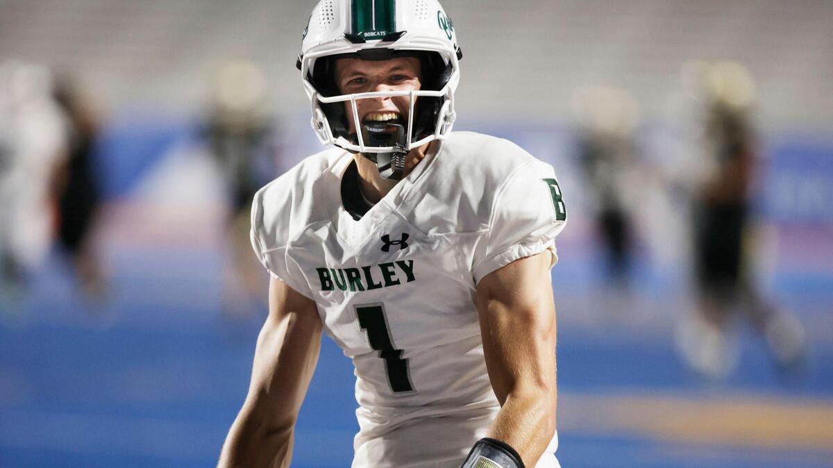 Burley wide receiver Gatlin Bair celebrates after scoring a long first-half touchdown against Vallivue during the Battle in Boise at Albertsons Stadium, Friday, Sept. 1, 2023.