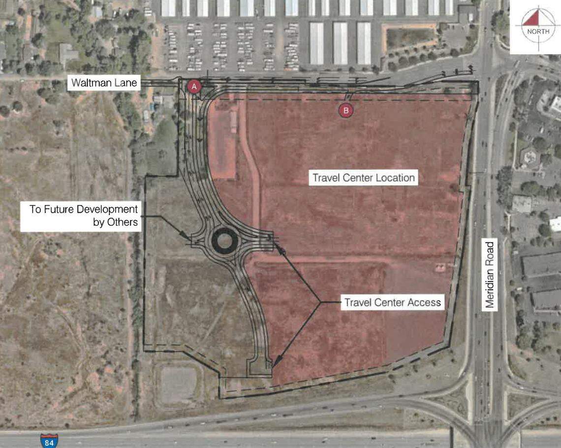Conceptual site plan for a travel center off Waltman Lane just north of the interstate in Meridian.