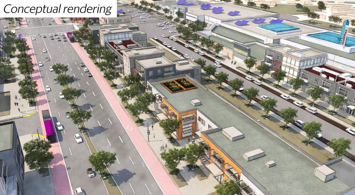 A conceptual rendering of what planners envision Glenwood Avenue and State Street could look like with high-density development when a bus rapid transit system is built out. While the City of Boise would like to reserve the outer lanes for buses, the Ada County Highway District has argued that, by state charter, it can only build out roads for general transportation use, and that it cannot build out roads that only buses would use. Some commissioners more aligned with Boise City Hall have argued that ACHD's legal interpretation of its state mandate is too narrow.