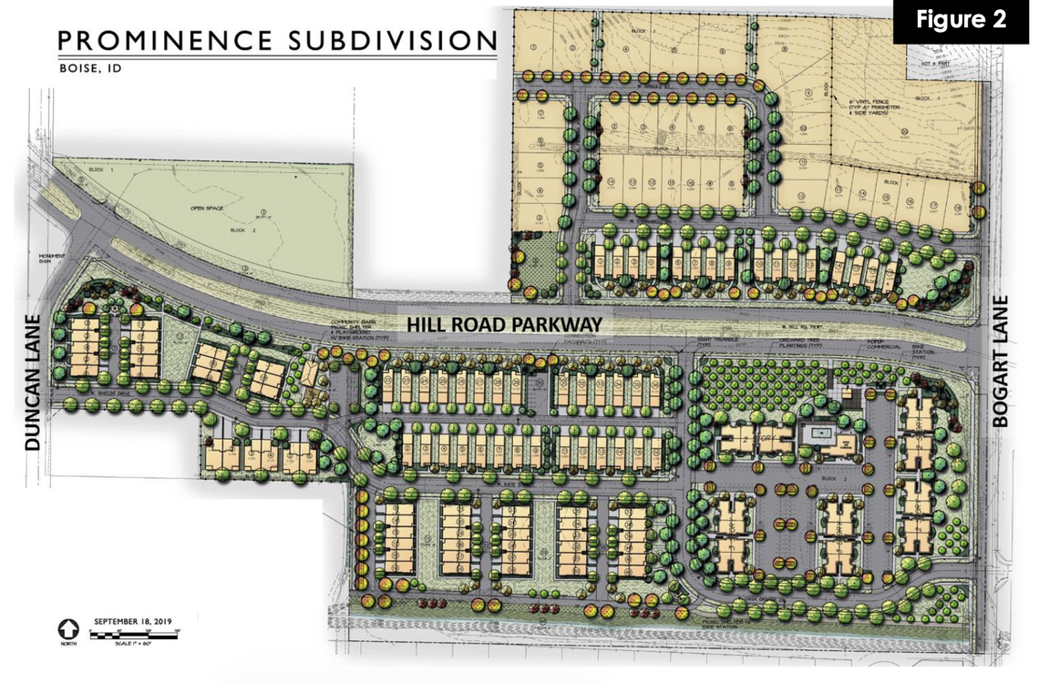 A rendering of the newest proposed layout of the Prominence subdivision in northwest Boise. This plan includes 226 units, with 78 single-family homes, 52 townhomes and 96 multi-family apartments. It also features more open space and paths.