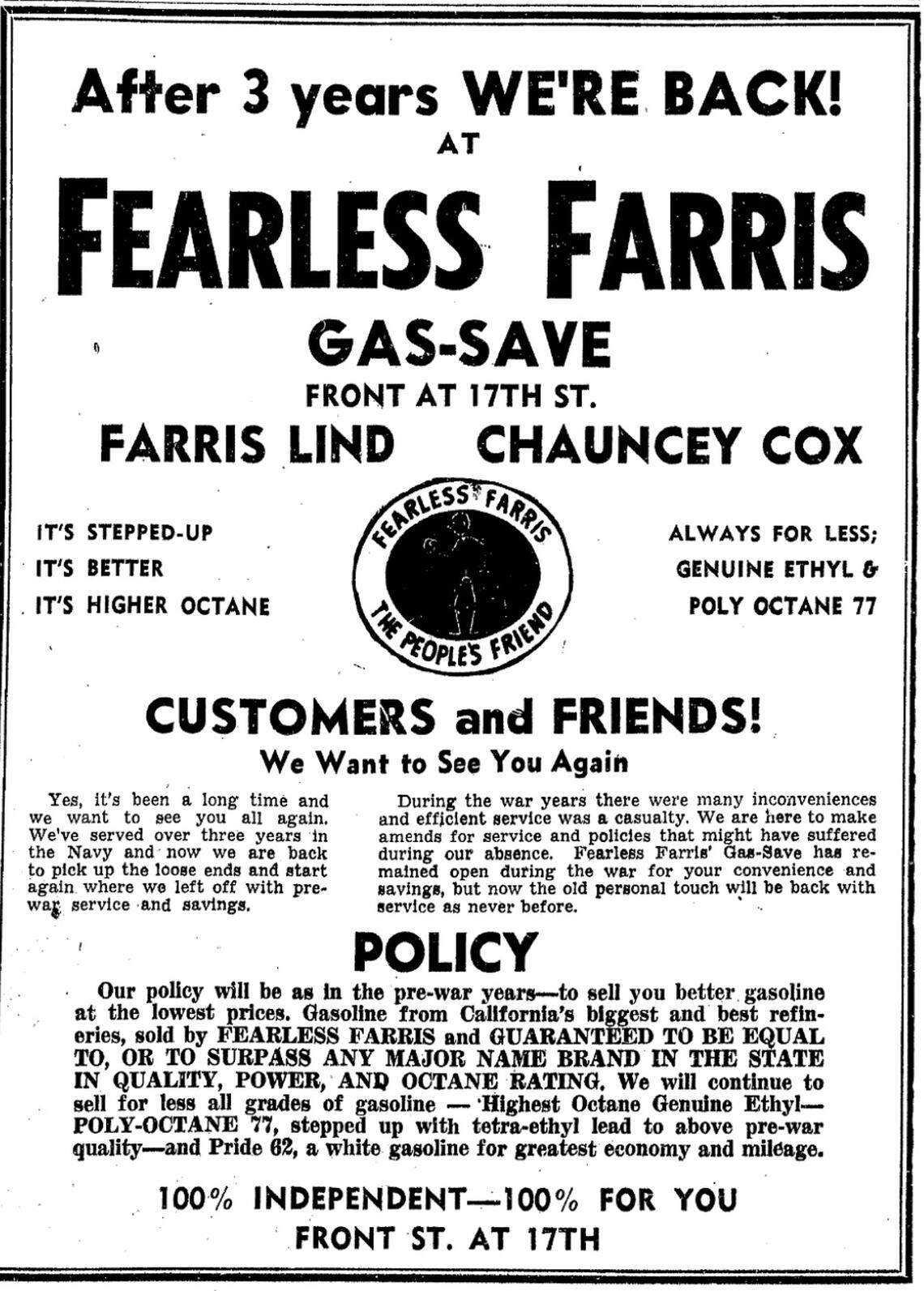 After World War II, Farris Lind announced his Stinker stations would continue to provide low-cost gasoline to Treasure Valley motorists. He became known as a “stinker” after taking on the big oil companies and undercutting their prices.