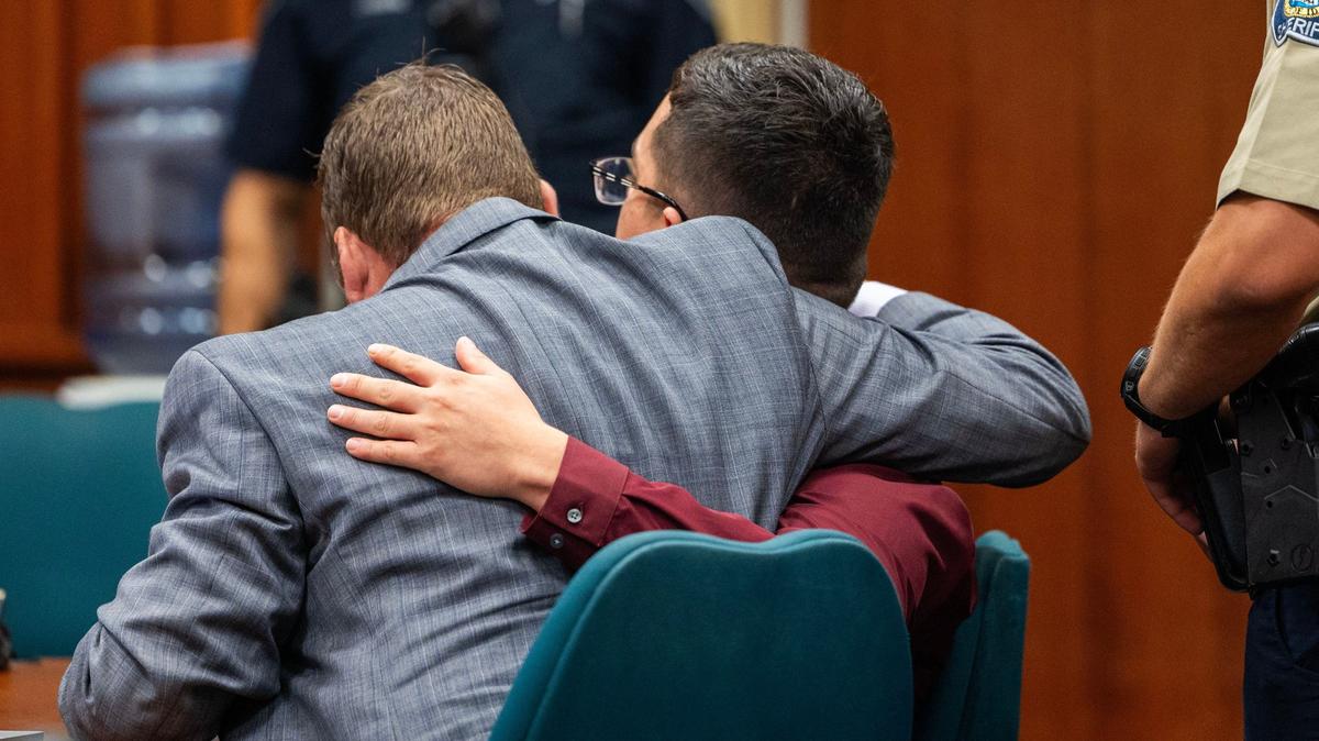 Raul Cuevas and his attorney, Alexander Briggs, hug after hearing his sentence for second-degree murder at the Ada County Courthouse in Boise. Cuevas was found guilty of killing Jesus Urrutia in March 2023.