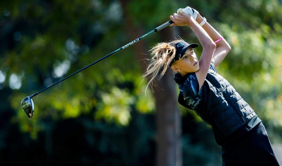 Eagle High student Indie Taylor hits off the third-hole tees at Lakeview Golf Club in Meridian during the 5A girls District Three golf tournament in September.
