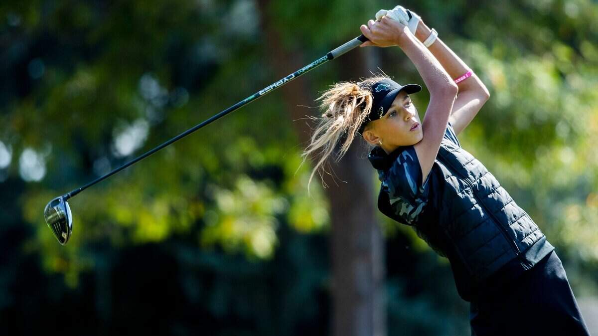Eagle High student Indie Taylor hits off the third-hole tees at Lakeview Golf Club in Meridian during the 5A girls District Three golf tournament in September.