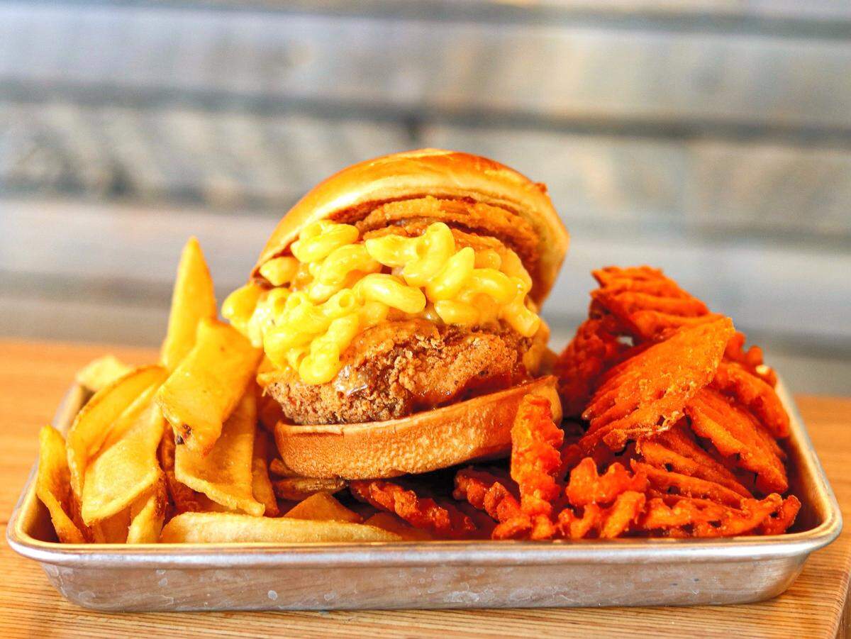 From left, BC Fries (the normal fries), a Charles Barkley sandwich, and Sweet Potato Waffle Fries.