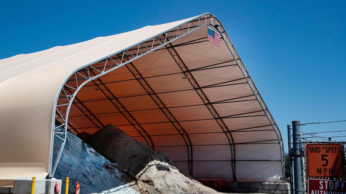 Ada County Highway District uses this canopy to shield road supplies, including salt for winter weather. The shed can be seen from both Adams and Reed streets in Garden City.