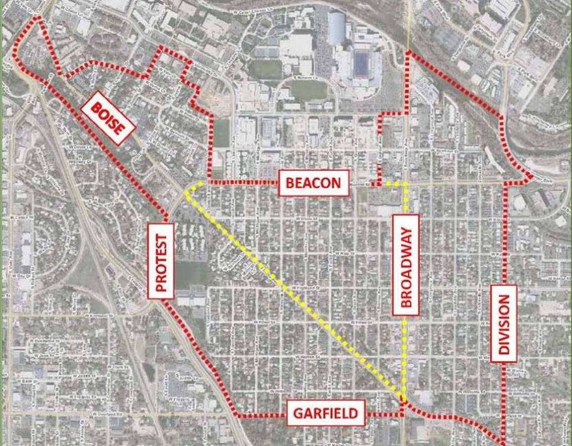 Potential boundaries of an overlay district under discussion by the Boise City Council to limit housing density south of the Boise State University campus. One city councilwoman has suggested that the far northeast (upper right) corner be excluded from the zone.