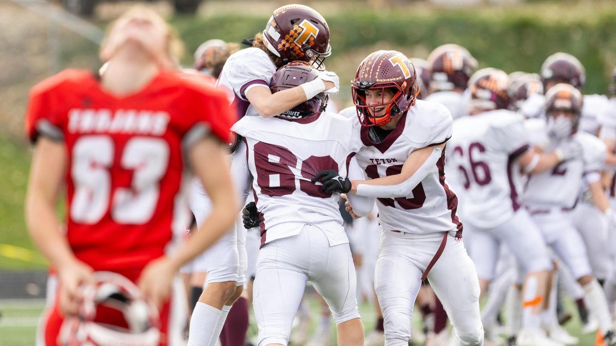 Teton celebrates its 49-42 win over Homedale in the 3A state semifinals Saturday in Homedale.