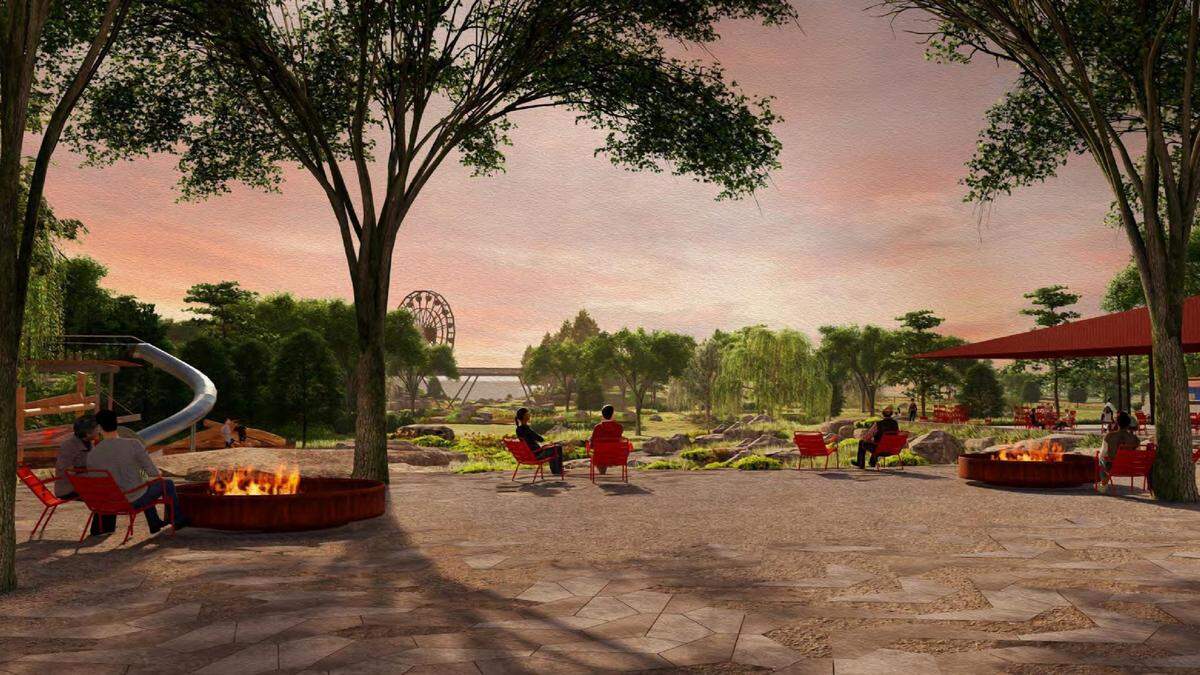 This rendering shows a possible Greenbelt Gardens and Riverside Plaza area.