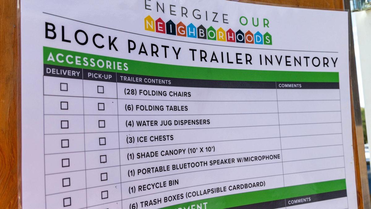 An inventory of items is listed on the back doors of the city’s block party trailer.