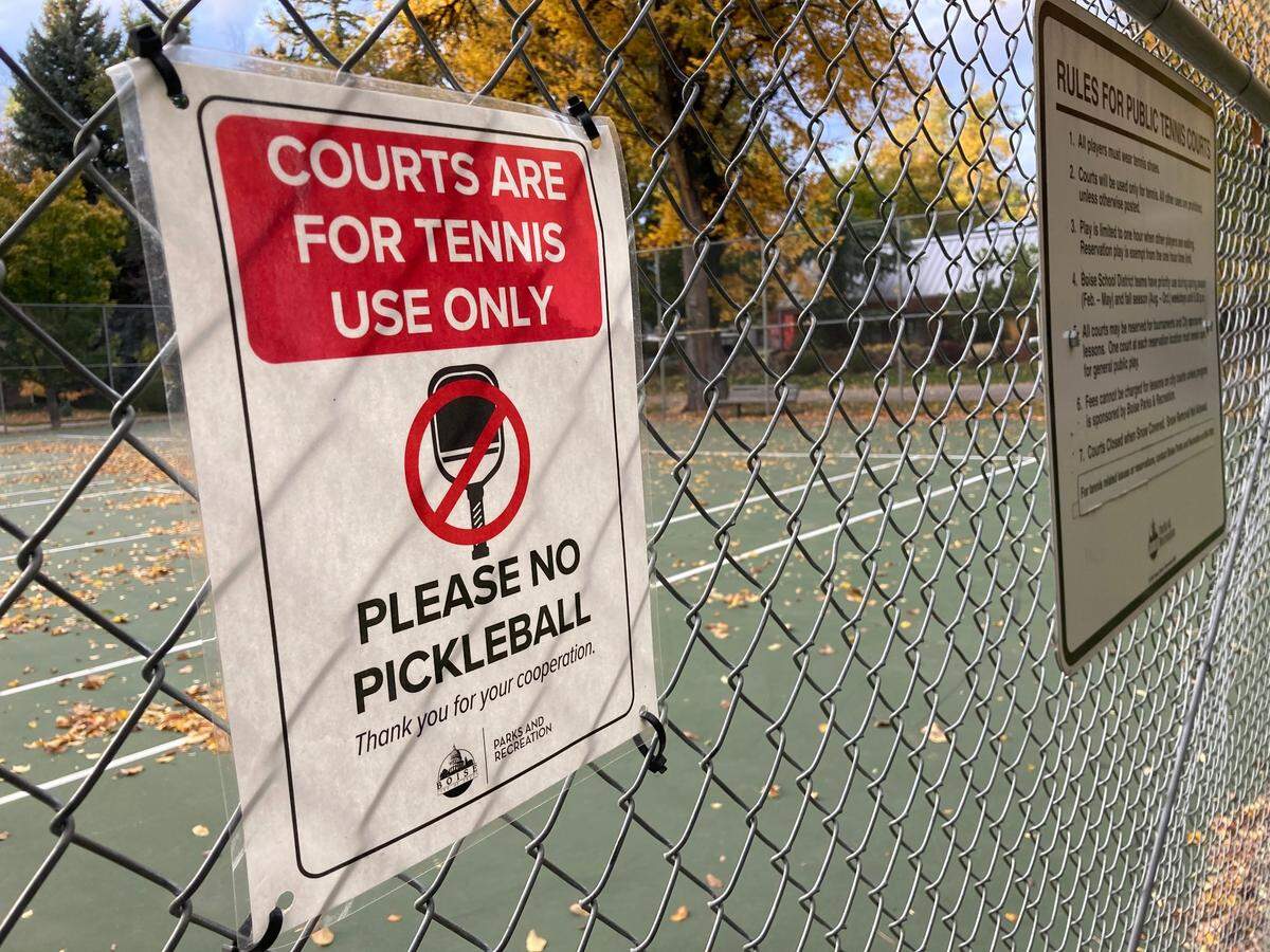 A sign at Boise’s Elm Grove Park in October 2024. Boise residents want the city to ban pickleball at Willow Lane Park, which they said has caused an unbearable racket.