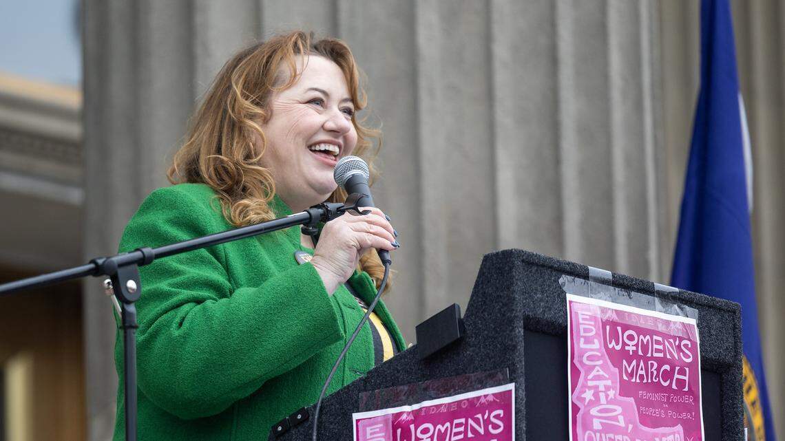 Melanie Folwell, executive director of Idahoans United for Women & Families, speaks on the steps of the Idaho Capitol Building during the annual Women's March, Saturday, Jan. 17, 2026. Folwell spoke about the Reproductive Freedom and Privacy Act, a citizen-led ballot initiative in response to Idaho's ban on abortion.
