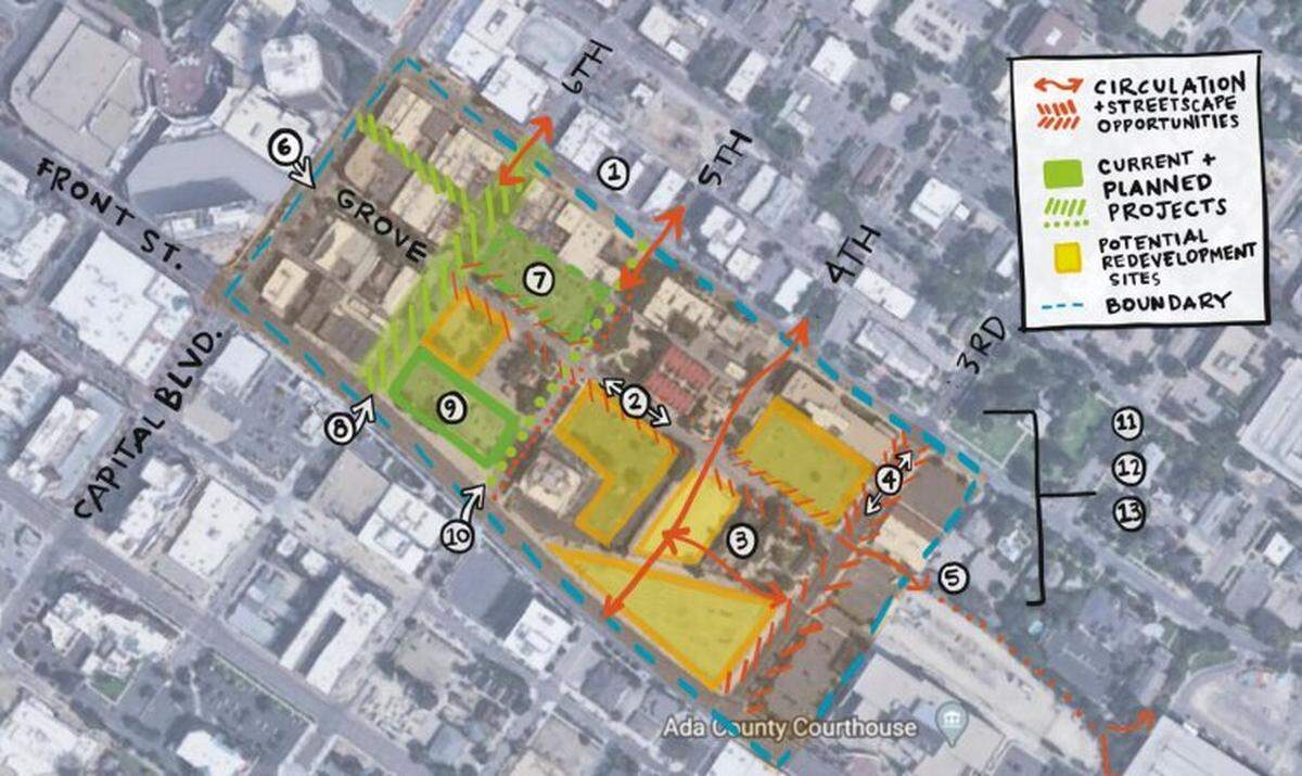 Most of the properties bordering Grove Street between 3rd and 6th street are either under development or are being considered for redevelopment.