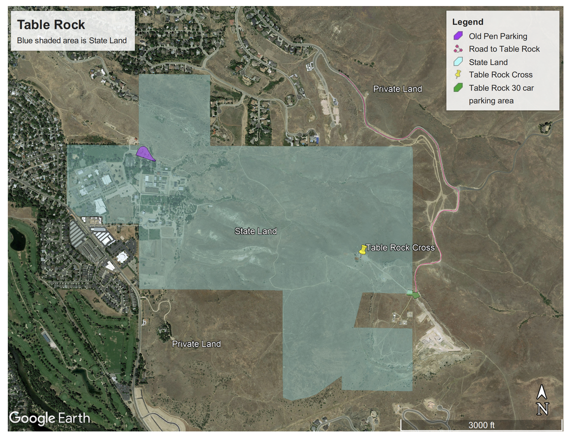 This map shows Table Rock and the parking area that the Idaho State Historical Society manages. The lot will be closed for 2020 due to an uptick in vandalism and other crime.