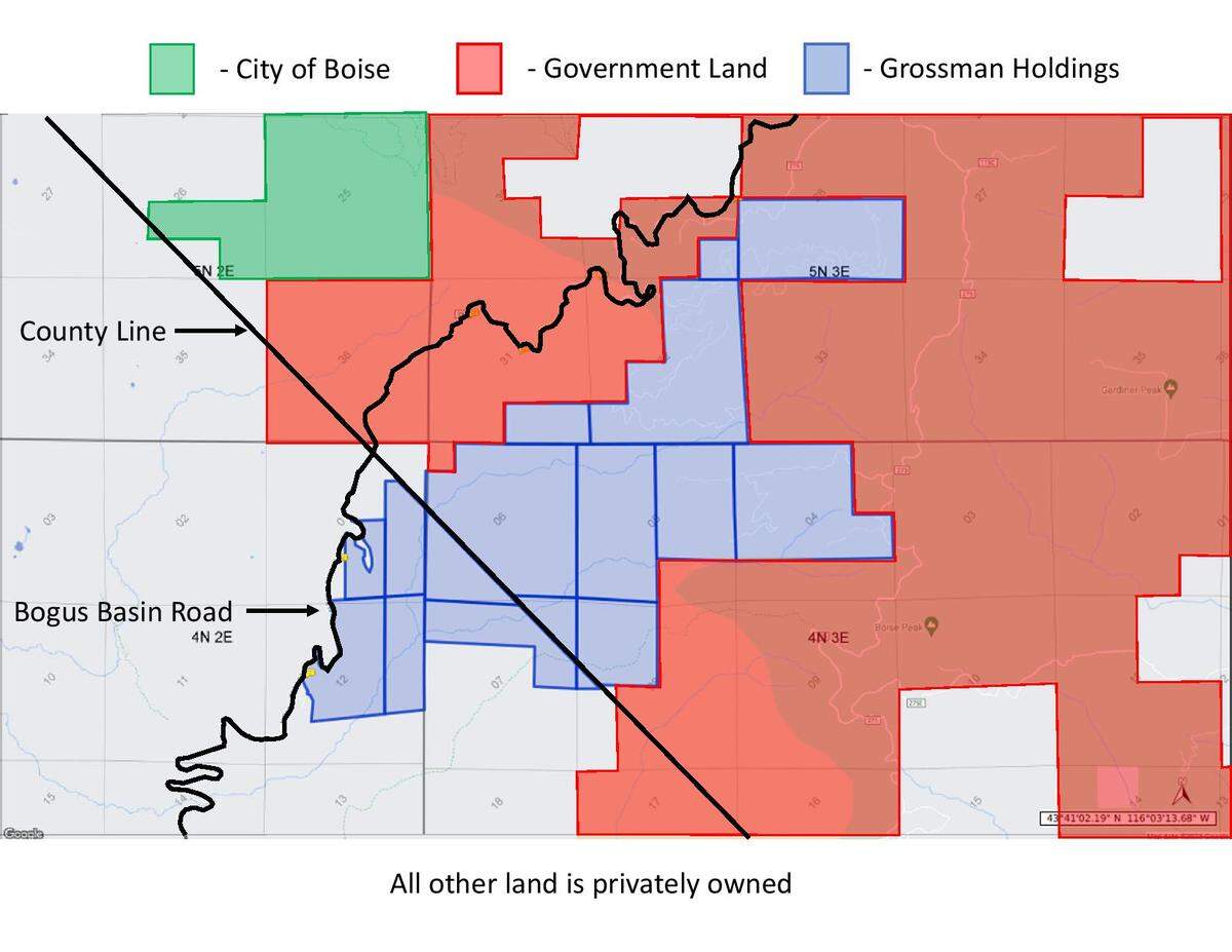 This map shows the land Grossman Company Properties Inc. offered in the center, surrounded on nearly all sides by land owned by the government. A piece of land owned by the city of Boise sits at top left.