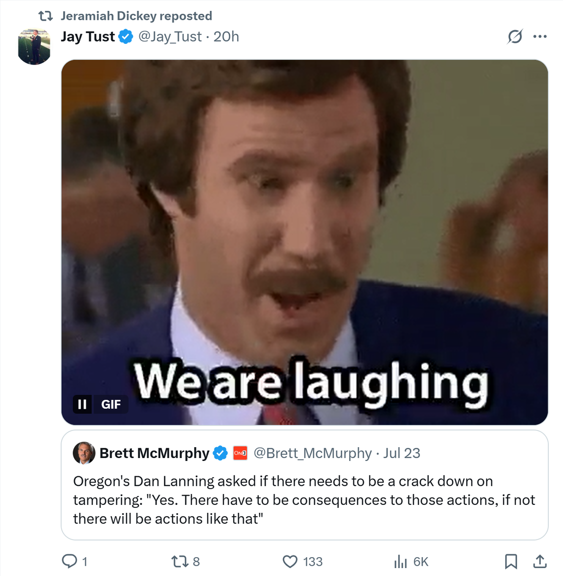 A repost from Boise State Athletic Director Jeramiah Dickey in response to Oregon coach Dan Lanning’s comments about tampering.