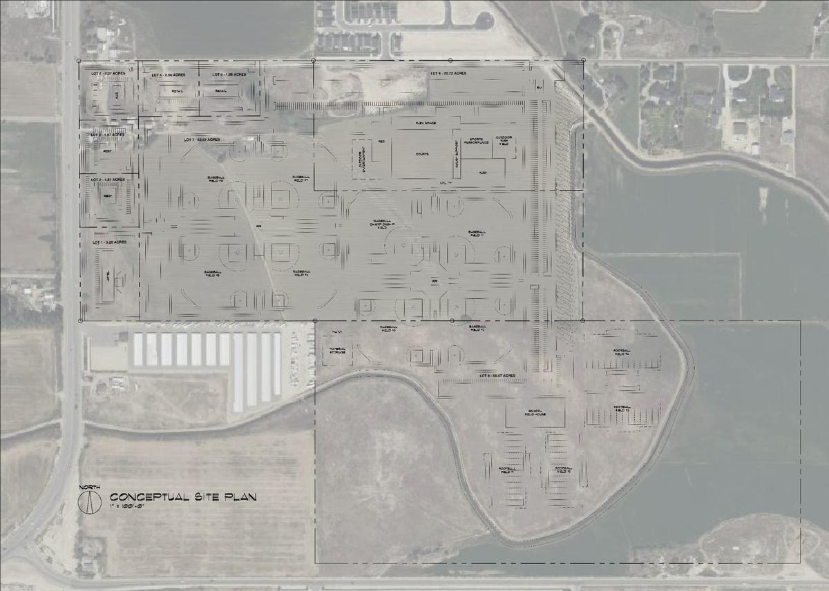 A conceptual plan of the complex shows eight outdoor baseball fields, an indoor sports center with basketball courts and turf space, and a school field house with football fields. Plans are preliminary and subject to change.