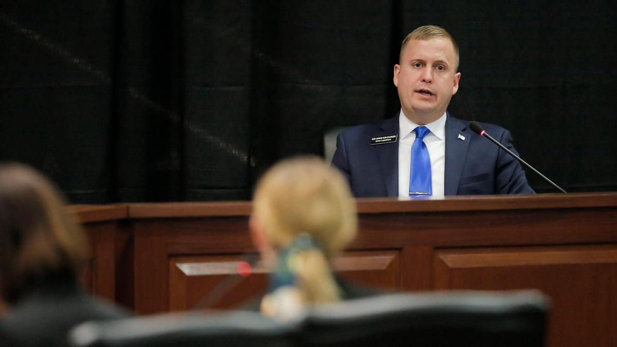 Former Rep. Aaron von Ehlinger, R-Lewiston, answered questions under oath during an Ethics and House Policy Committee hearing at the Legislature.