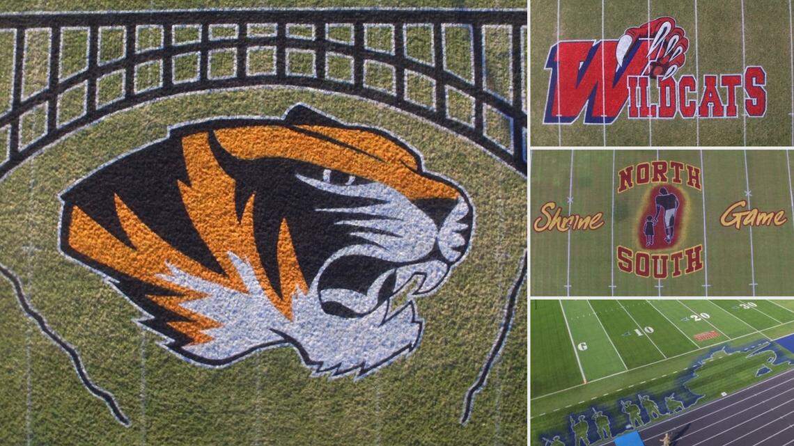 A selection of fields Nathan Bishop has painted for Idaho high schools. Clockwise from top left, the Battle of the Bridge between Jerome and Twin Falls, Filer High, the Twin Falls Shriner’s all-star game and military figures for the Service Bowl between Twin Falls and Canyon Ridge.