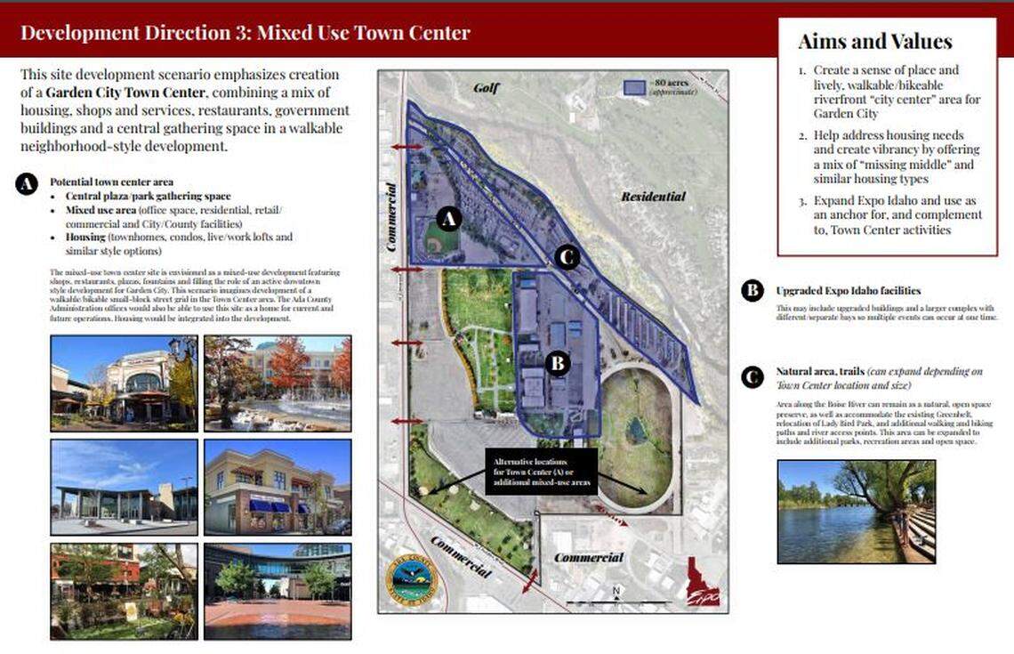 The third plan envisions creation of a Garden City town center, with a mix of housing, shops, restaurants, government offices and a central gathering space.