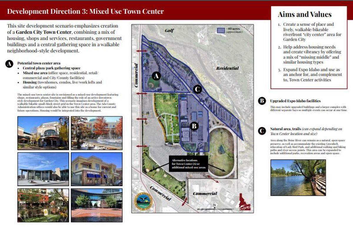 The third plan envisions creation of a Garden City town center, with a mix of housing, shops, restaurants, government offices and a central gathering space.