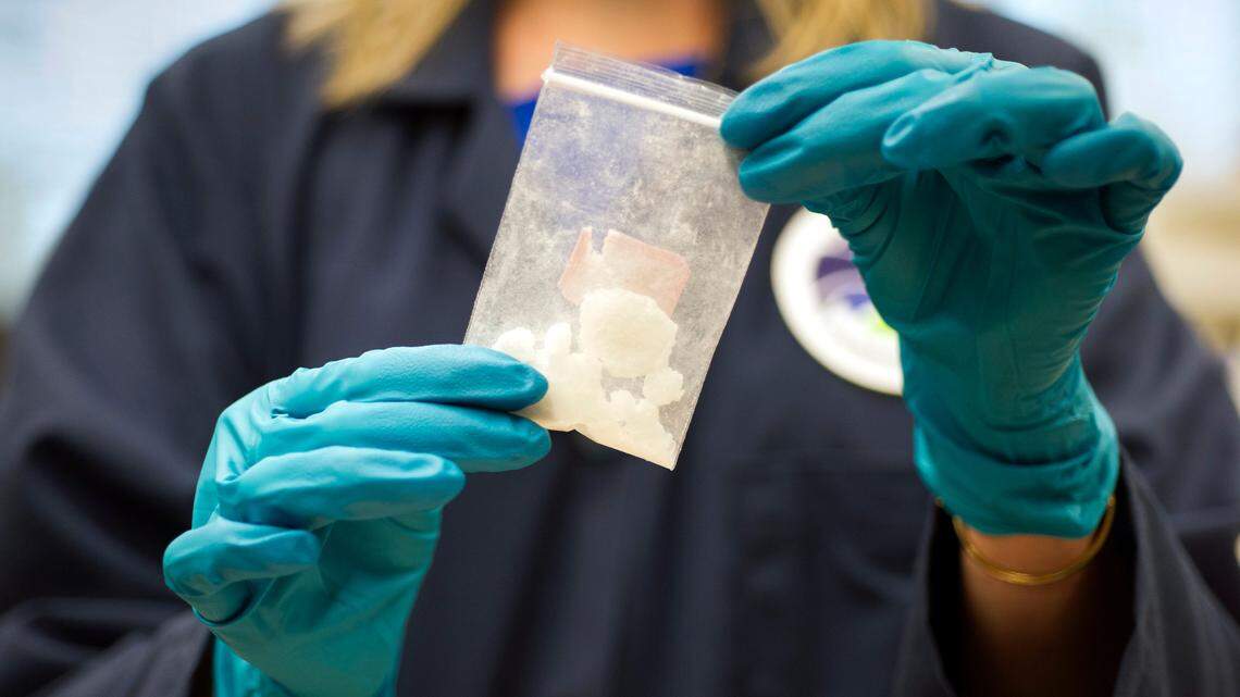 A bag of 4-fluoro isobutyryl fentanyl is displayed at the Drug Enforcement Administration Special Testing and Research Laboratory in Virginia in 2016. Idaho lawmakers are pushing a bill that would add mandatory prison sentences for people trafficking fentanyl.