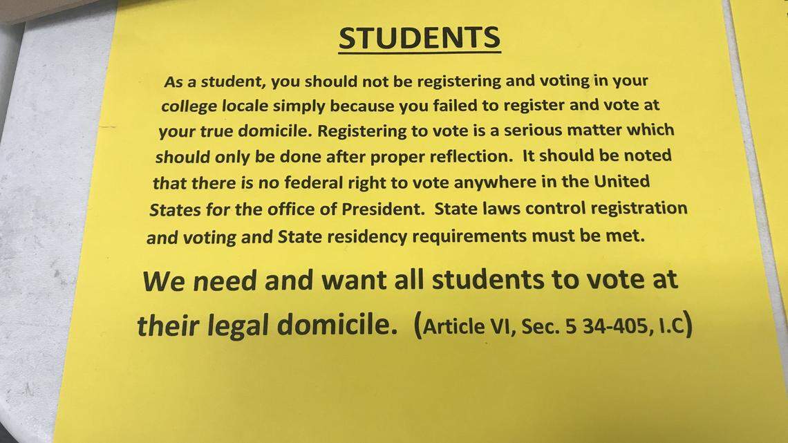 Voter Kristine Anderson found this flier near the voter registration forms on Election Day at her polling place in Rexburg, Idaho, in Madison County. It advised students not to register to vote in Madison County just because they had failed to register to vote in their hometown.