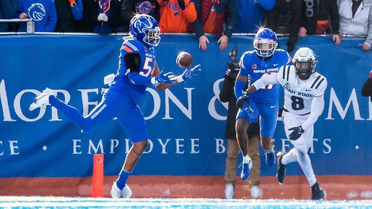 Boise State edge rusher Gabe Hunter intercepts a pass in the end zone in the fourth quarter of the Broncos’ 42-23 win over Utah State on Nov. 25. Hunter chose to join the Broncos as a walk-on in 2020 instead of accepting one of 14 scholarship offers.