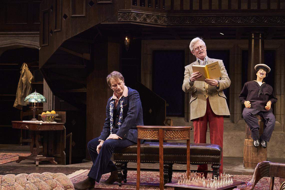 Andrew (David Anthony Smith) reads from one of his mystery novels to Milo (Jeffrey C. Hawkins) in Great Lakes Theater’s production of “Sleuth.” Directed by Charlie Fee, the show is now at the Idaho Shakespeare Festival.