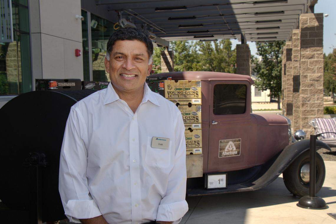 Albertsons Cos. CEO Vivek Sankaran stands outside the company’s Broadway Avenue store in Boise. Company sales have boomed during the coronavirus pandemic.