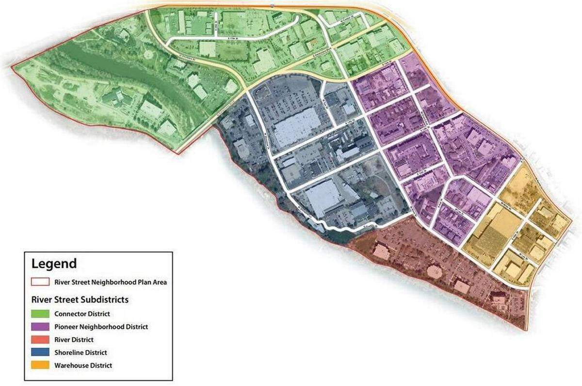 A map of the River Street neighborhood and its subdistricts, which are divided into five areas.