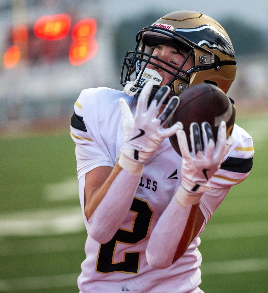 Capital wide receiver Elliot Schrack hauls in a 17-yard touchdown pass against Boise in the season opener last year at Homedale. The game was moved because of wildfire smoke.
