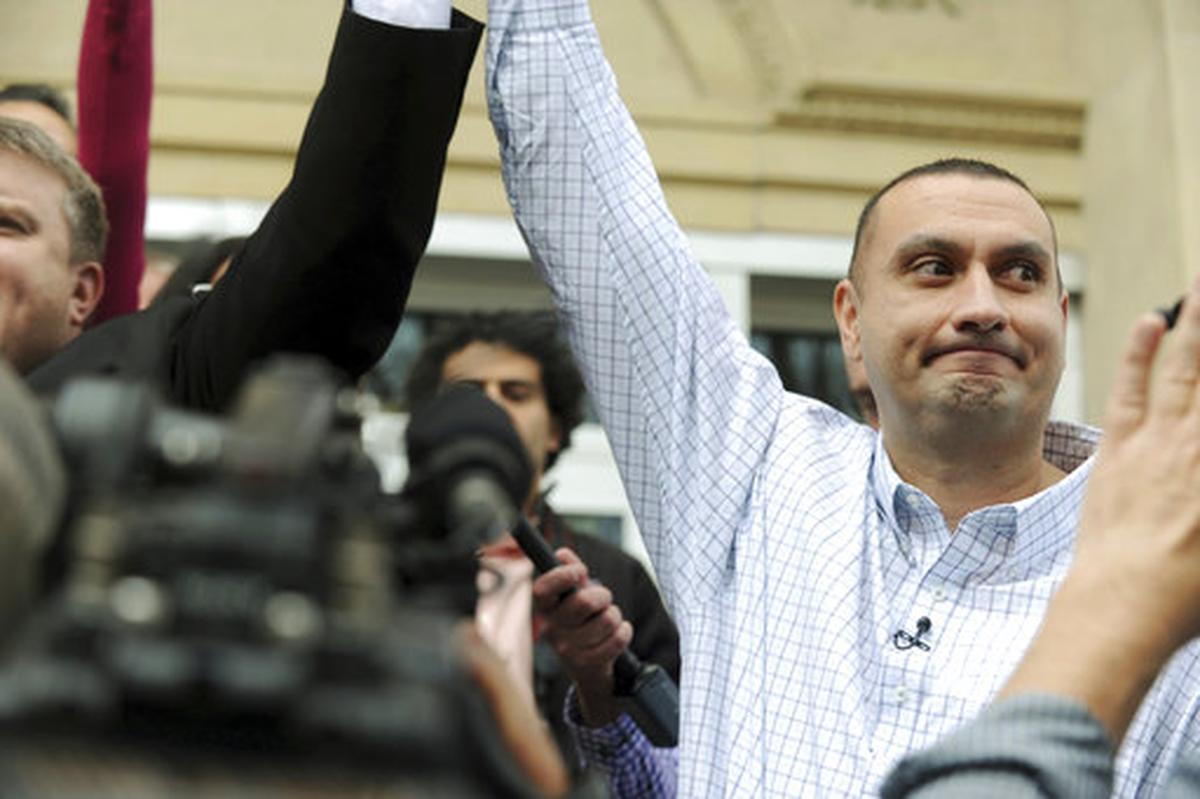 Christopher Tapp celebrates after his post-conviction 2017 court hearing in Idaho Falls.