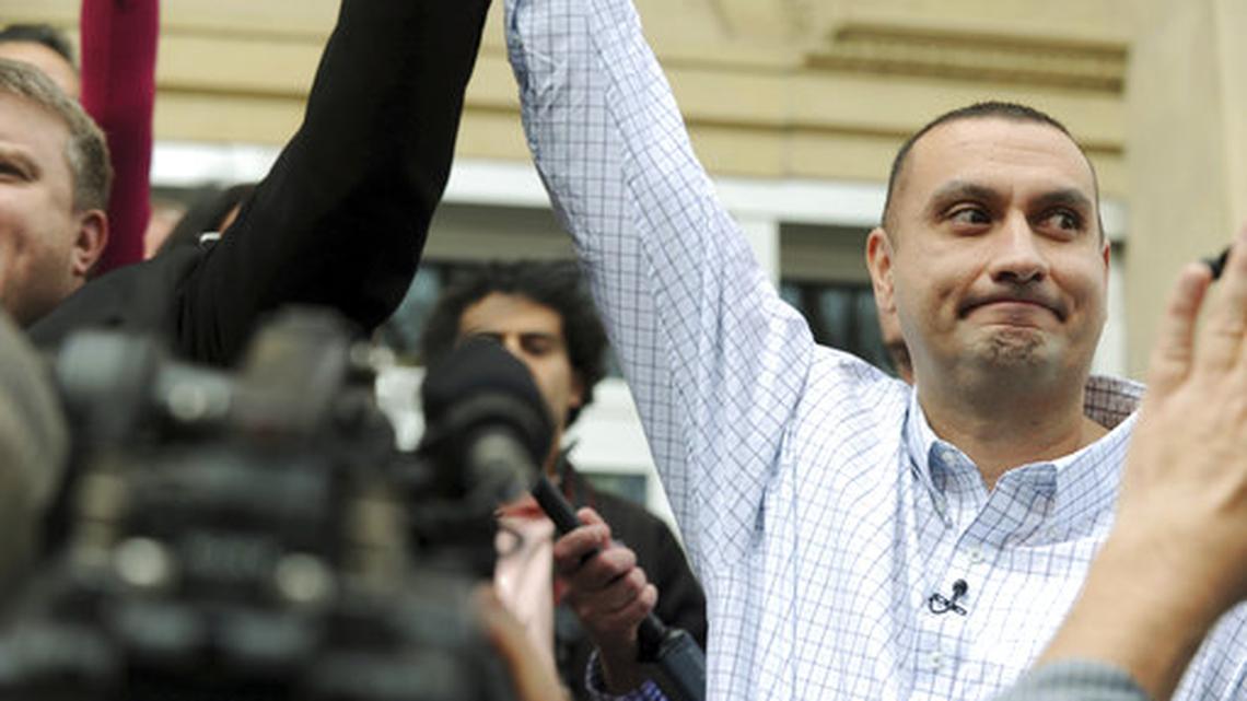 Christopher Tapp celebrates after his post conviction relief hearing at the Bonneville Courthouse in Idaho Falls, Idaho, Wednesday, March 22, 2017.