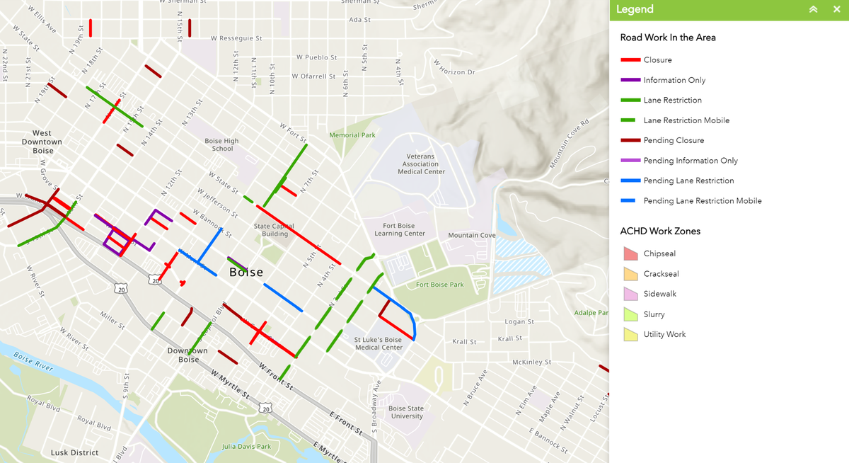Downtown Boise constuction areas, as of May 20, 2024.