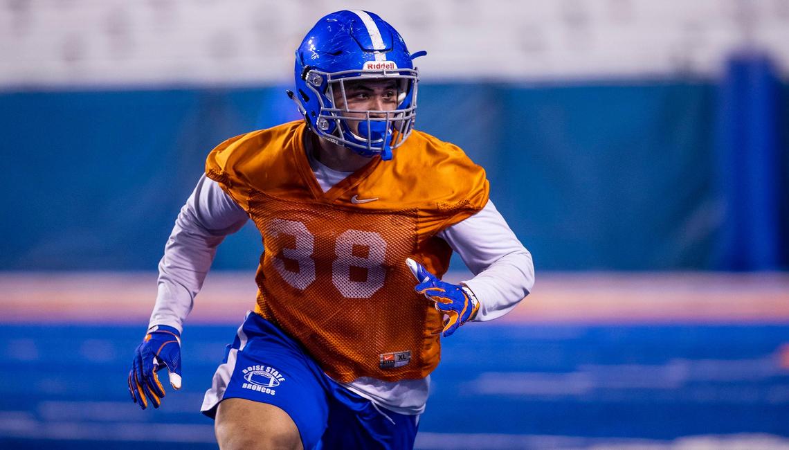 Boise State STUD Demitri Washington pursues a play in scrimmage during the Broncos’ first spring practice Friday, March 6, 2020 at Albertstons Stadium in Boise.