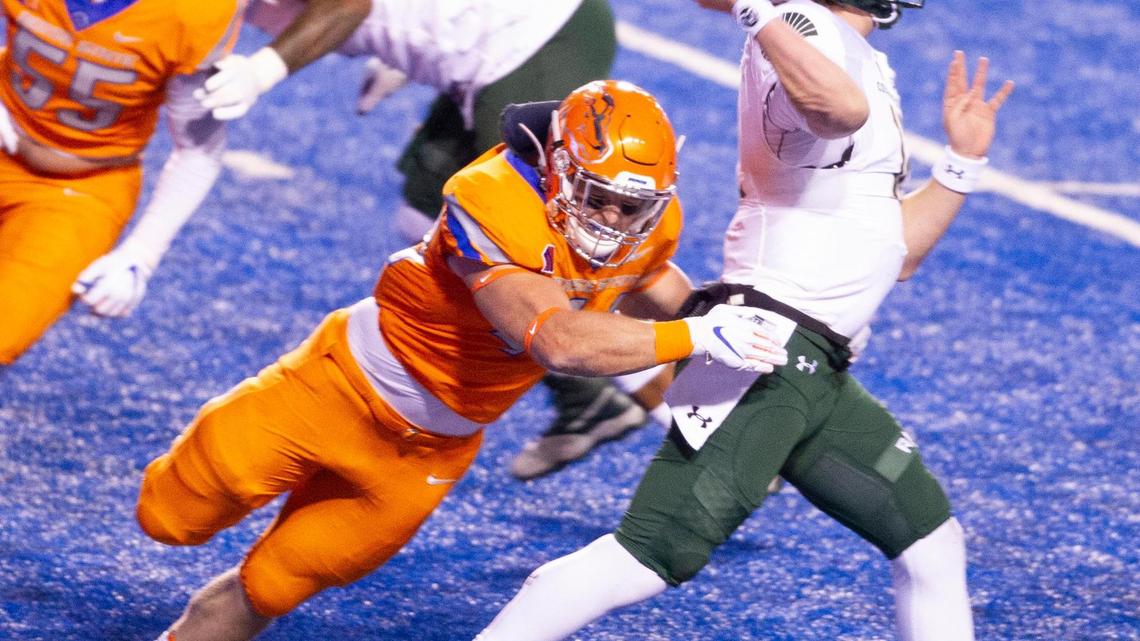 Boise State linebacker Riley Whimpey hits Colorado State quarterback Patrick O’Brien as he throws a pass during the Broncos’ 52-21 win last November.