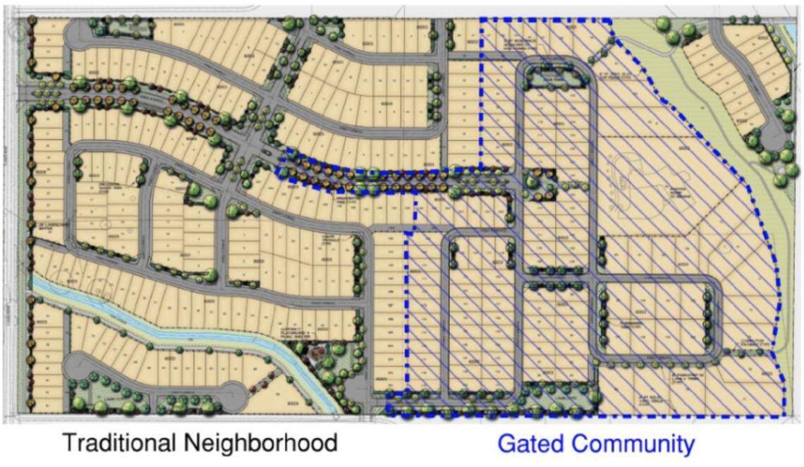 The Skybreak subdivision, located south of Lake Hazel Road and just to the east of Eagle Road, would be split in two: one half would be a traditional subdivision, and the other half would be a gated community, which would feature larger lots and private roads. Pathways through the gated community would remain open to all of Skybreak’s residents.