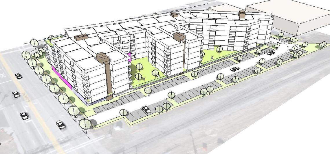 This rendering shows the potential future view of a 170-unit apartment complex at 60 N. Cole Road. This is the northeast view. The building is being planned for the southeast corner of North Cole Road and West Bethel Street.