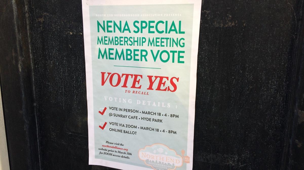 A sign posted on a display board at Elm Grove Park urged North End residents to take part in Thursday’s vote to recall five people from the North End Neighborhood Association board.