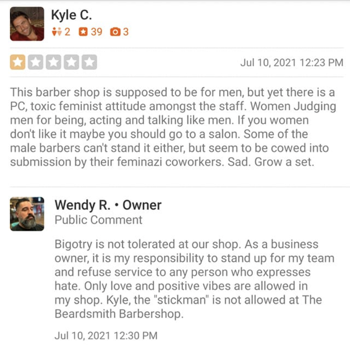 In July 2021, Kyle Chapman posted a Yelp review for the Beardsmith Barbershop, a business in Garden City, saying staff have a “toxic feminist attitude.” The business owner replied, telling Chapman he was not welcome.